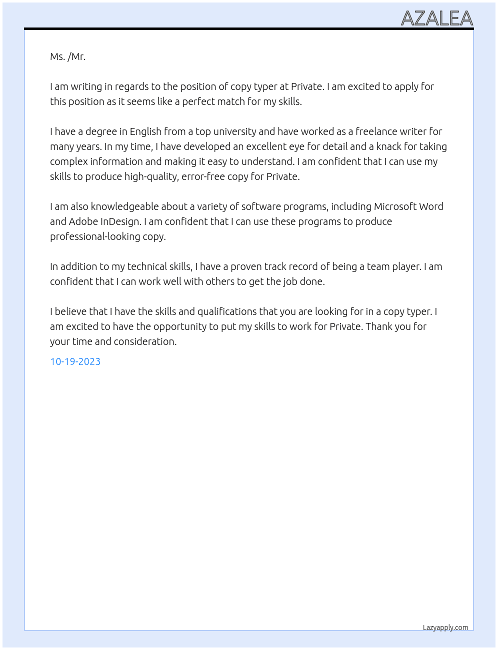 Copy typer At Private Cover Letter