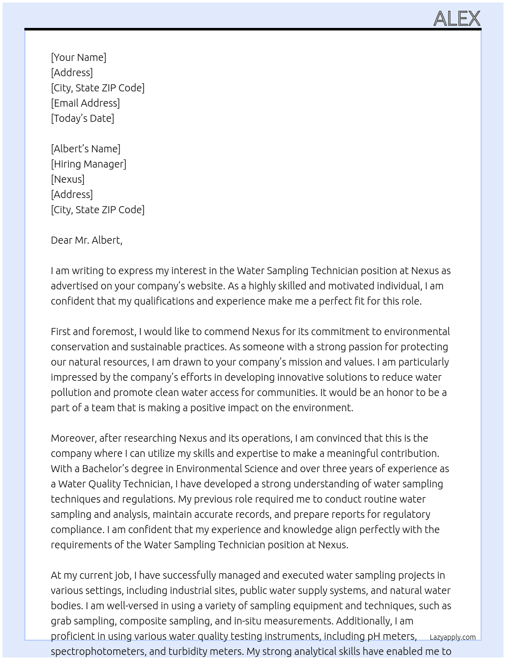 Water sampling technician At Nexus Cover Letter