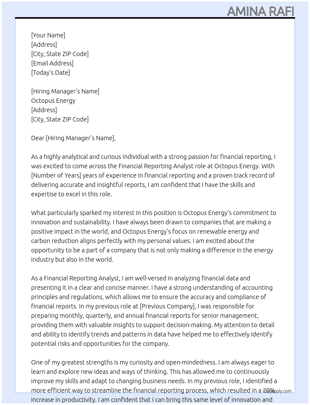 financial reporting analyst At octopus energy Cover Letter