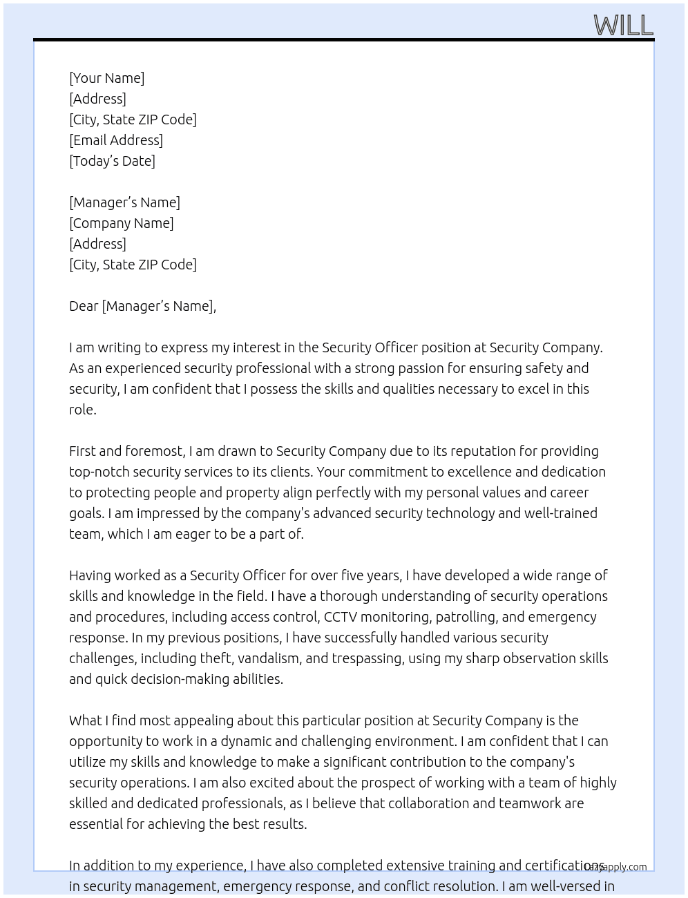 Security Officer At Security Company Cover Letter