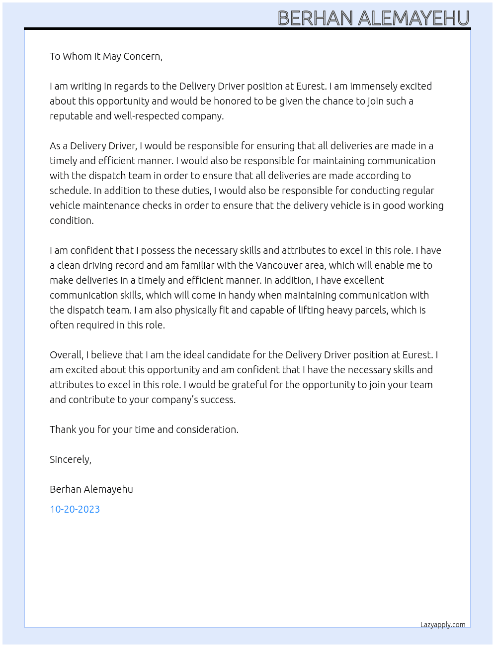 Delivery driver  At Eurest  Cover Letter
