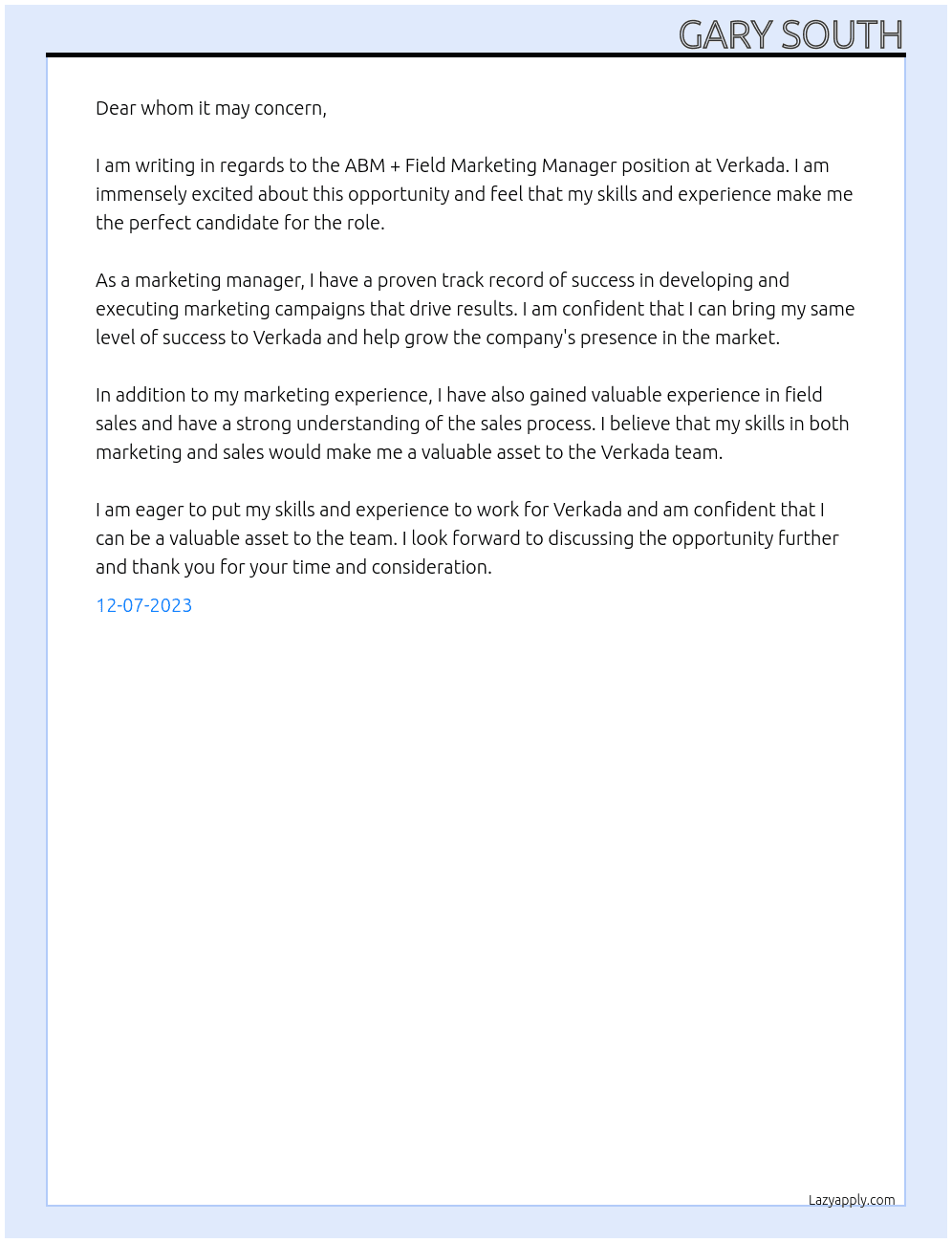 ABM + Field Marketing Manager At Verkada Cover Letter