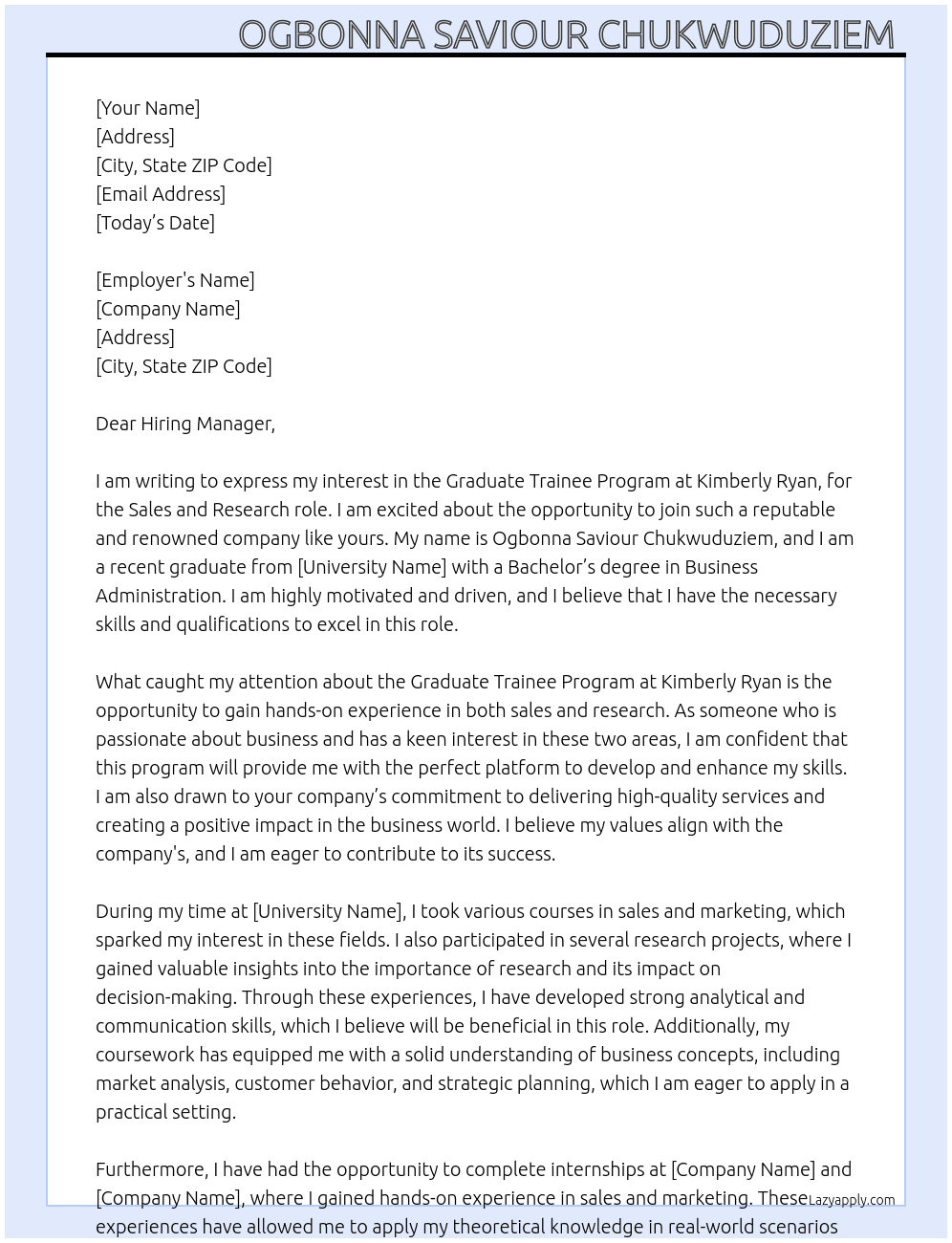 Graduate Trainee program  At Kimberly Ryan  Cover Letter