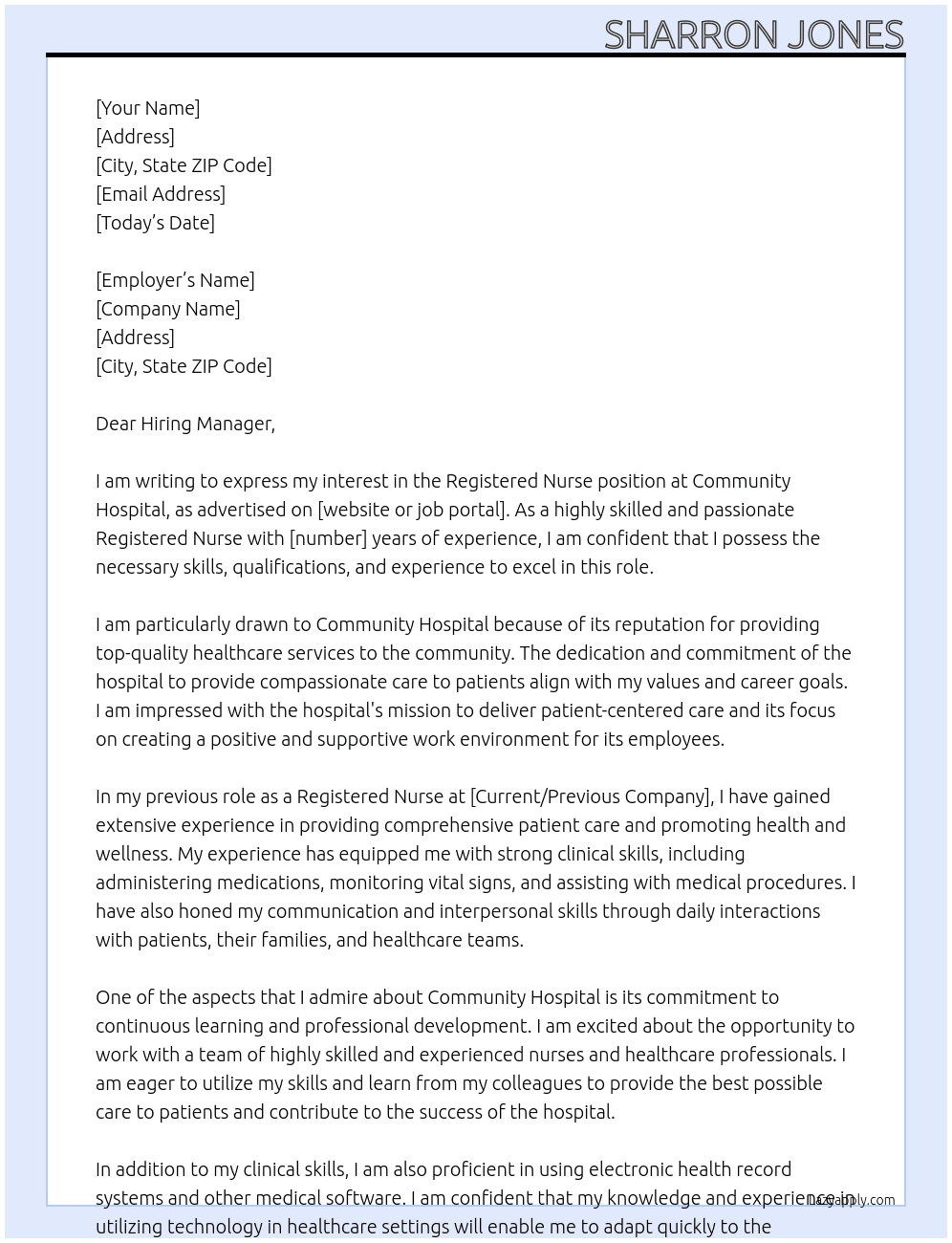 Registered Nurse At Community hospital Cover Letter