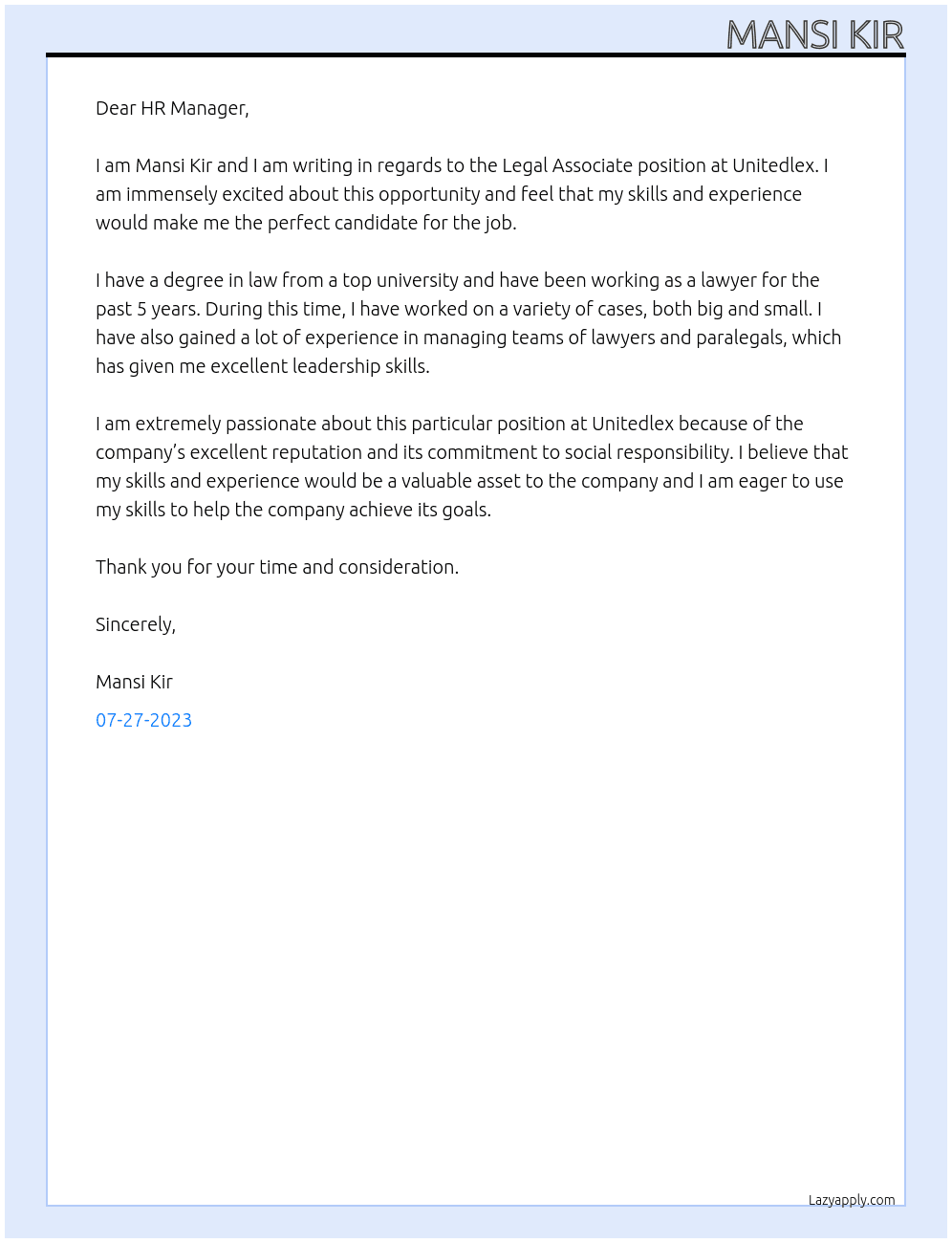 Legal Associate  At Unitedlex  Cover Letter