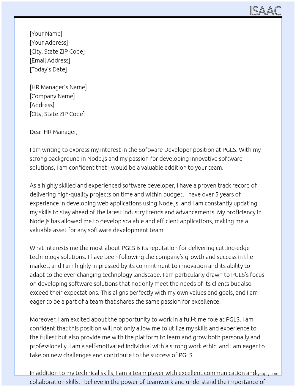 software developer At PGLS Cover Letter