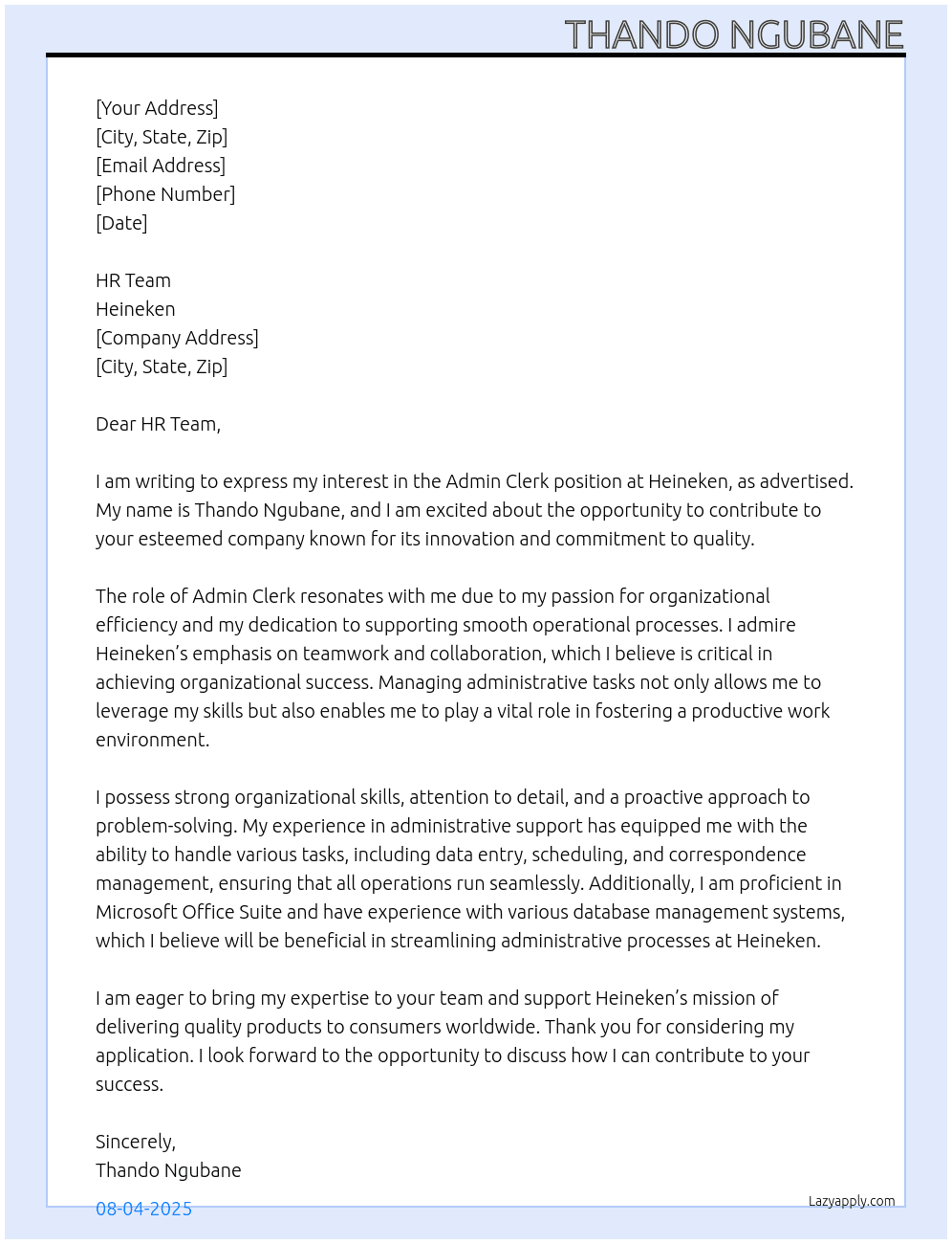 Admin clerk  At Heineken Cover Letter