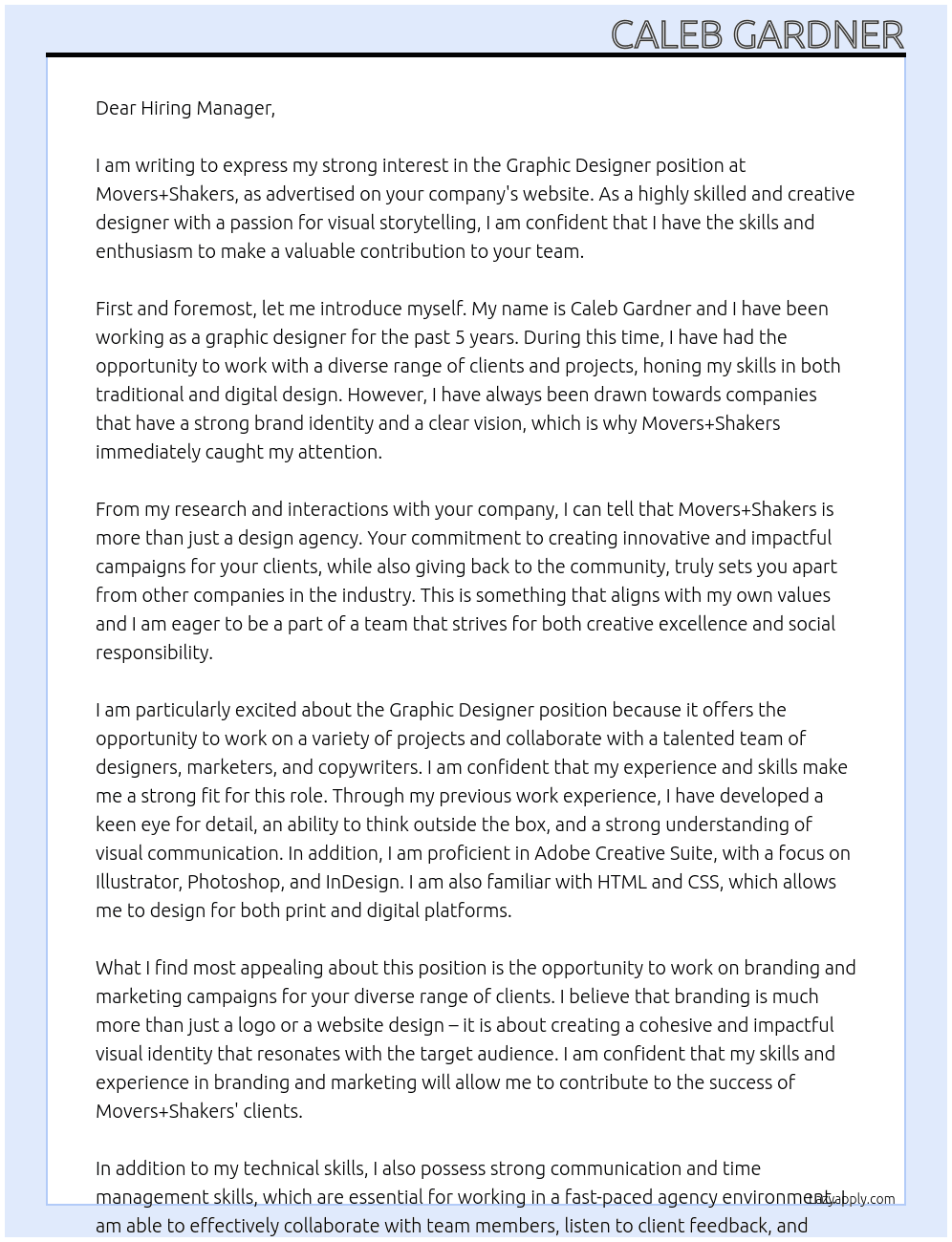 Graphic Designer At Movers+Shakers Cover Letter