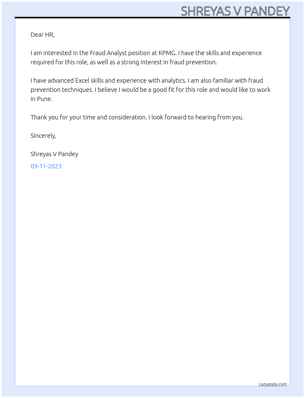 Fraud Analyst At KPMG Cover Letter