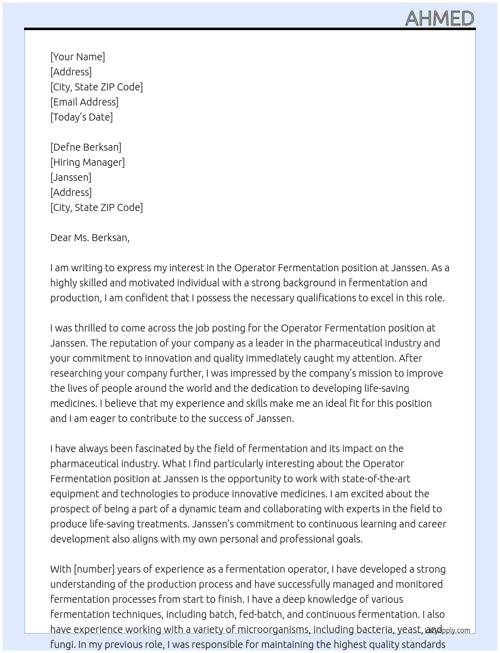 Operator Fermentation At Janssen Cover Letter