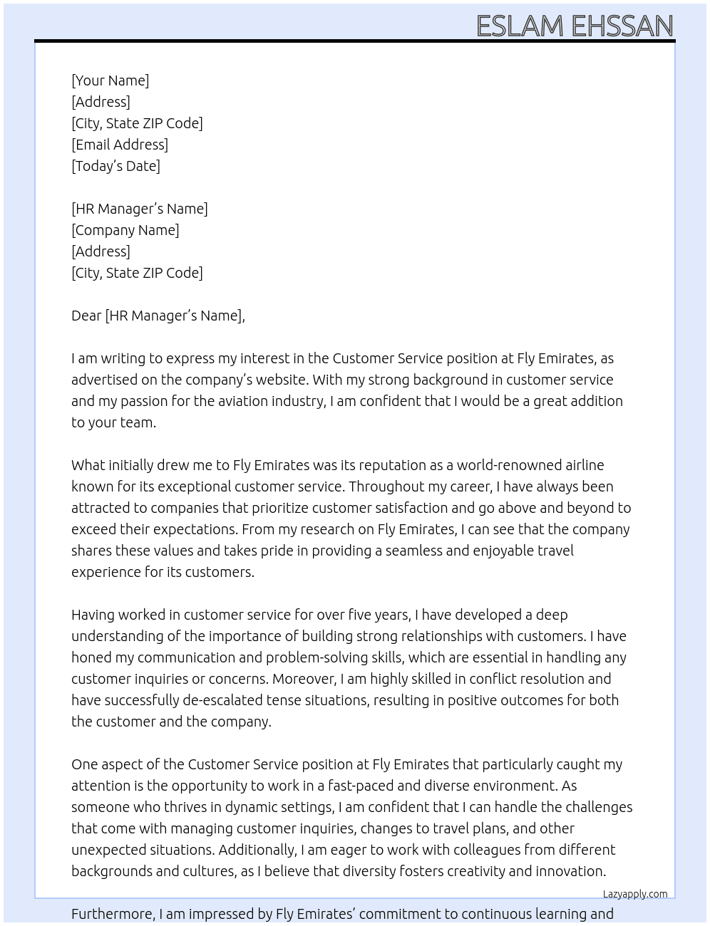 Customer service  At Fly Emirates  Cover Letter