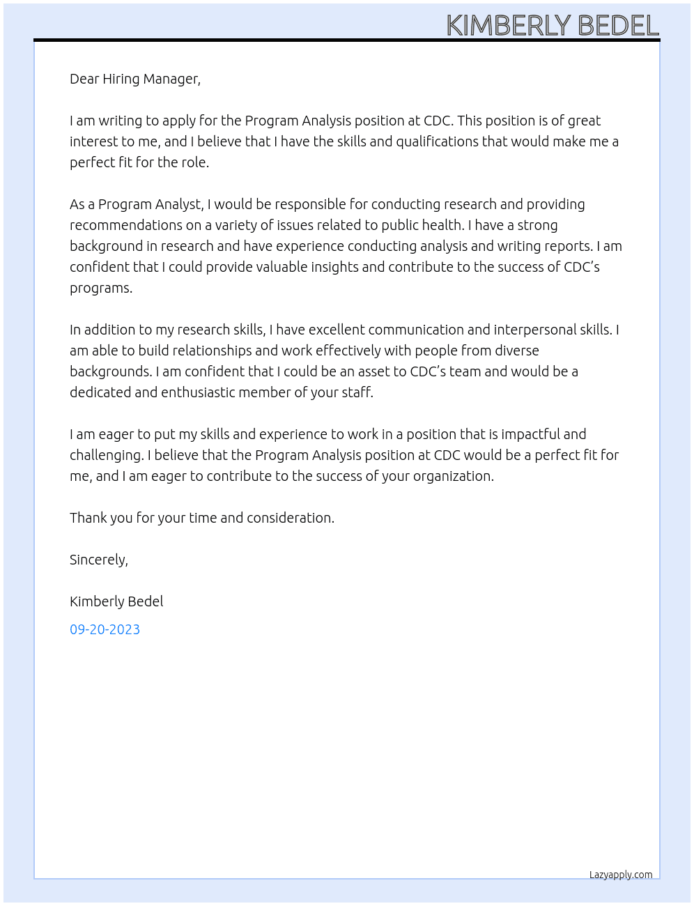 Program analysis  At CDC Cover Letter