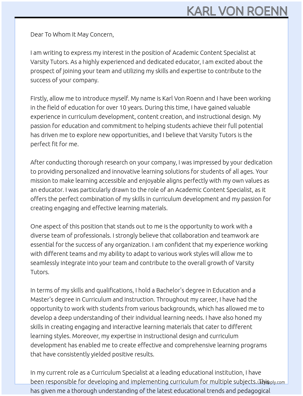 Academic Content Specialist At Varsity Tutors Cover Letter