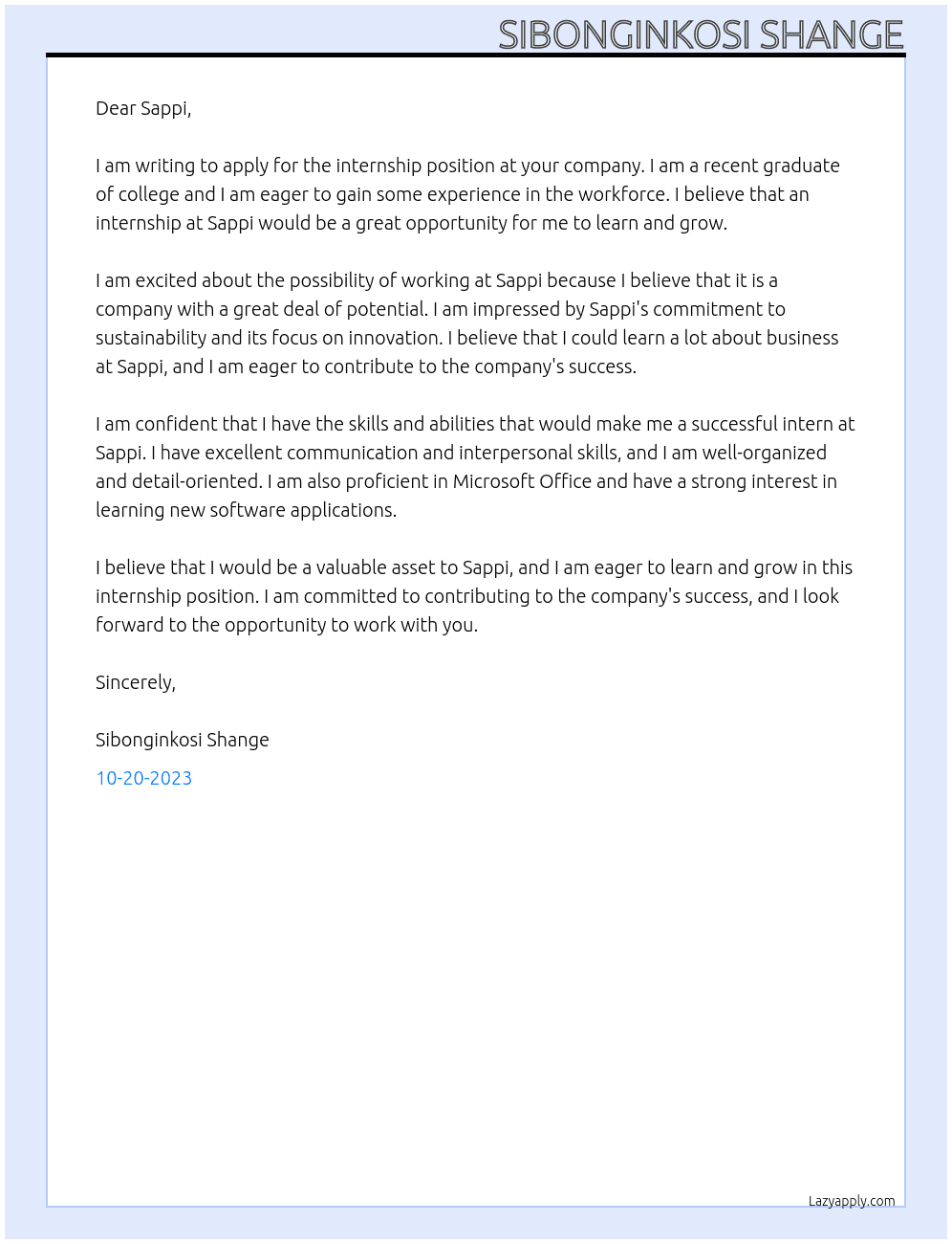 internship At sappi Cover Letter