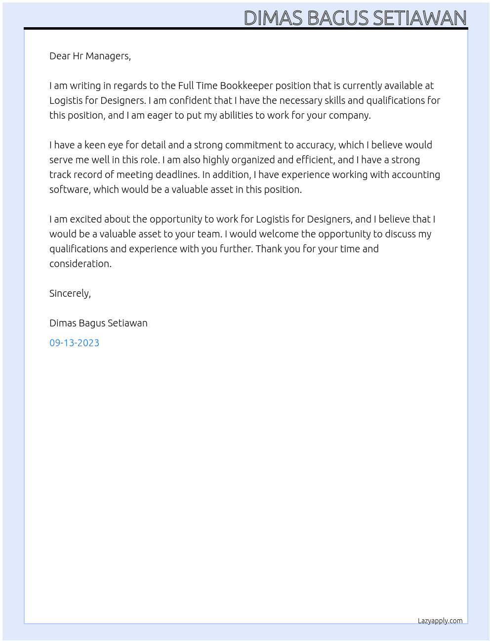 Full Time Bookkeeper At Logistis for Designers Cover Letter