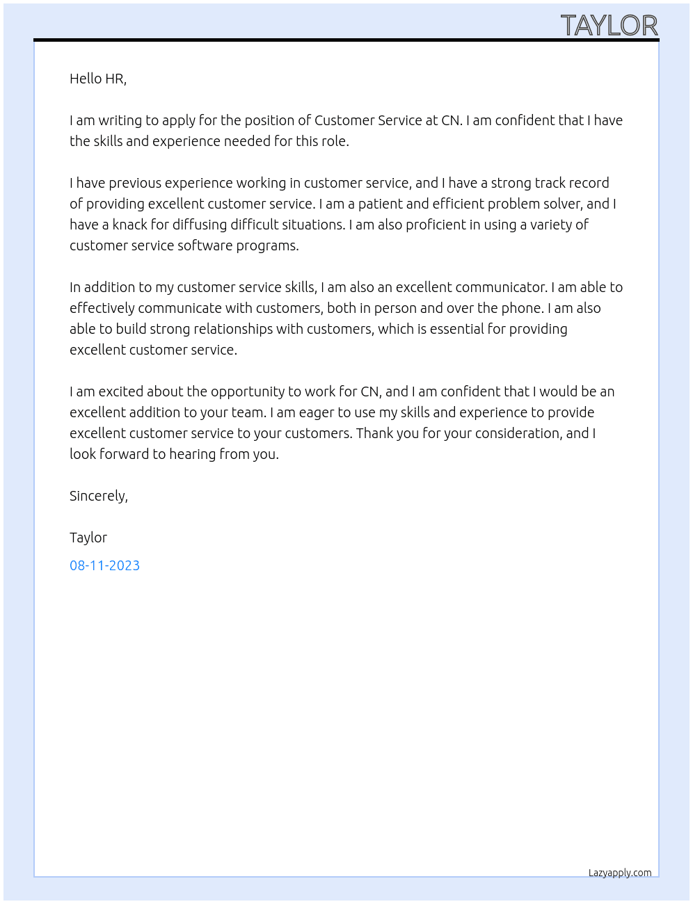 Customer service  At cn Cover Letter