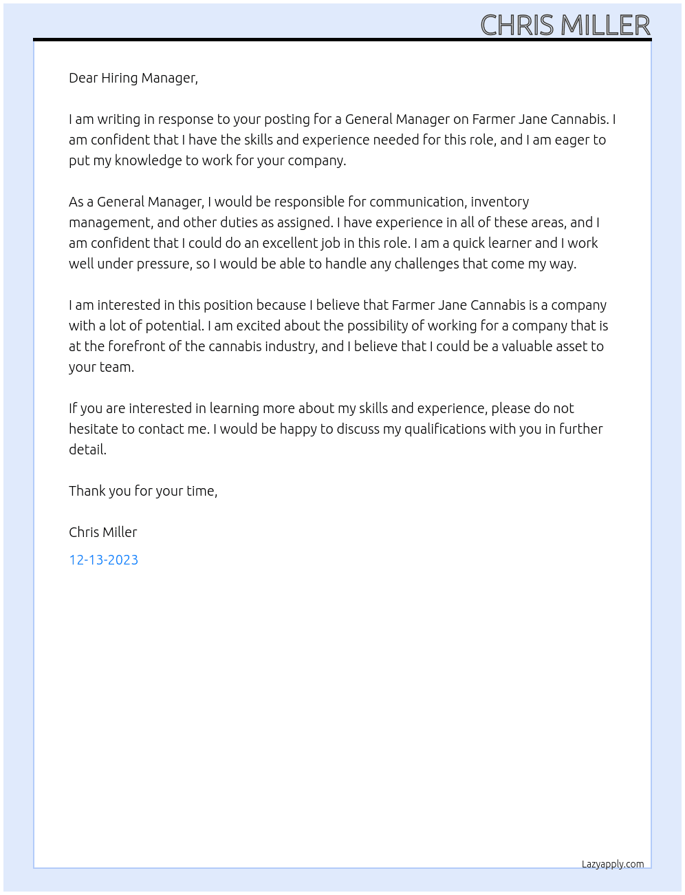 General Manager At Farmer Jane Cannabis Cover Letter