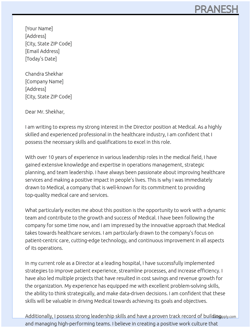 Diredtor At Medical Cover Letter