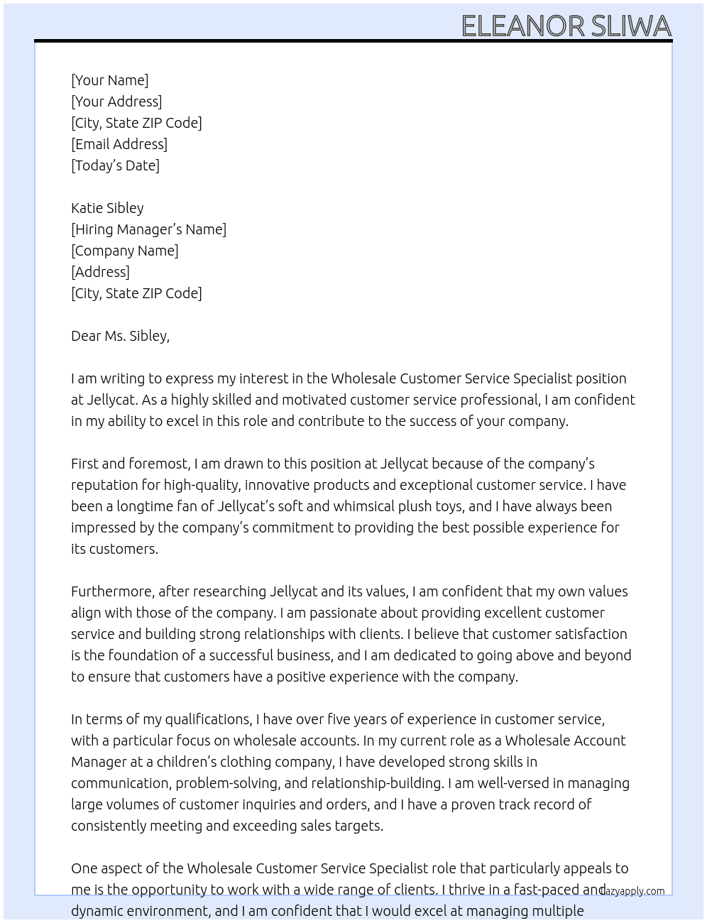 Wholesale Customer Service Specialist At Jellycat Cover Letter