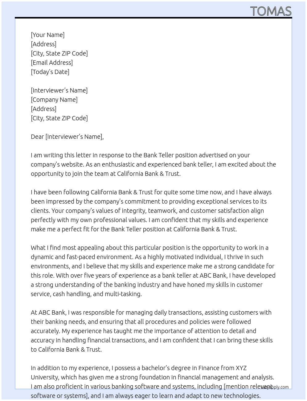 Bank Teller At Califronia Bank & Trust Cover Letter