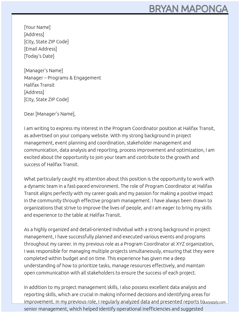 Program Coordinator  At Halifax Transit  Cover Letter