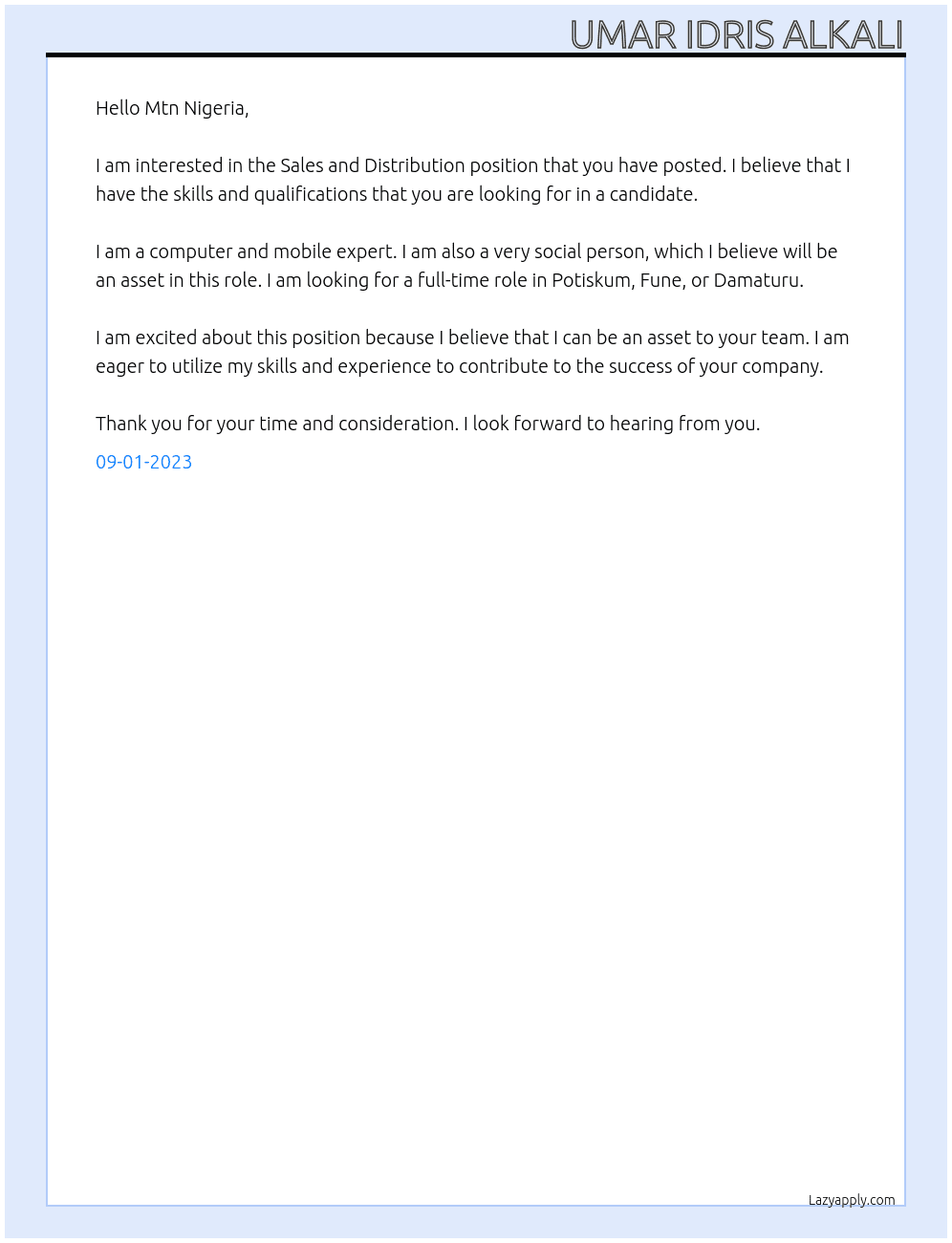 Sales and distribution  At Mtn Nigeria Cover Letter
