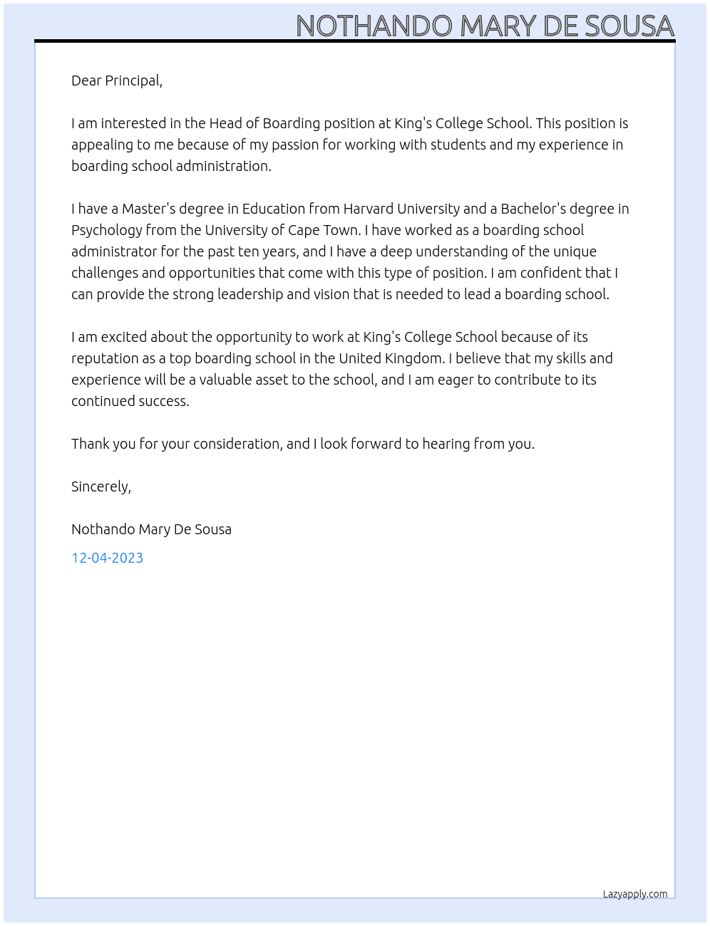 Head of Boarding At King's College School Cover Letter