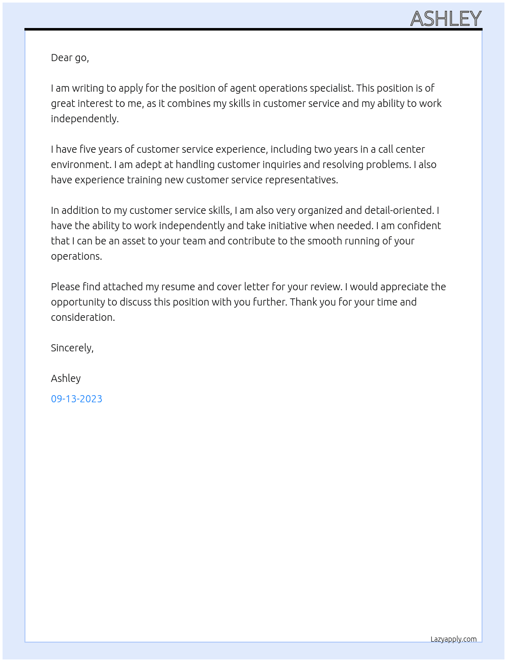 agent operations specialist At go Cover Letter