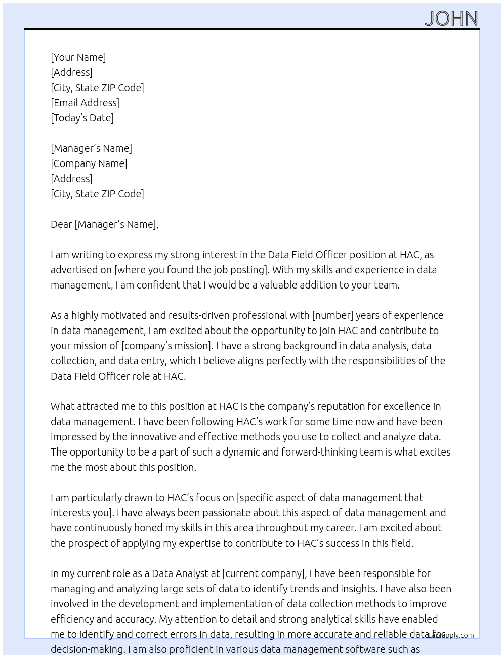 data field officer At hac Cover Letter