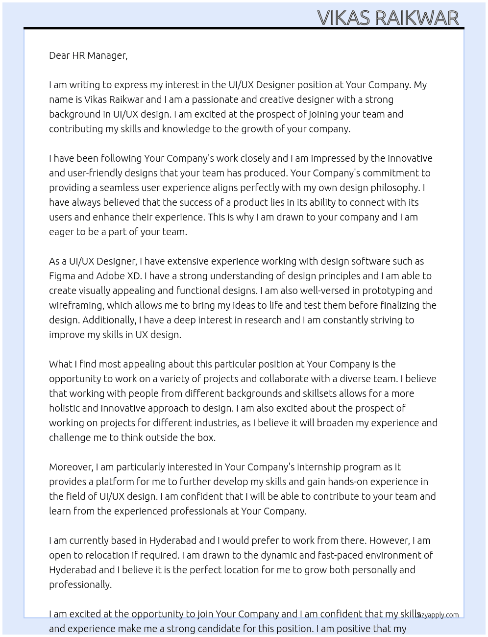 UI/UX Designer At Your Company Cover Letter