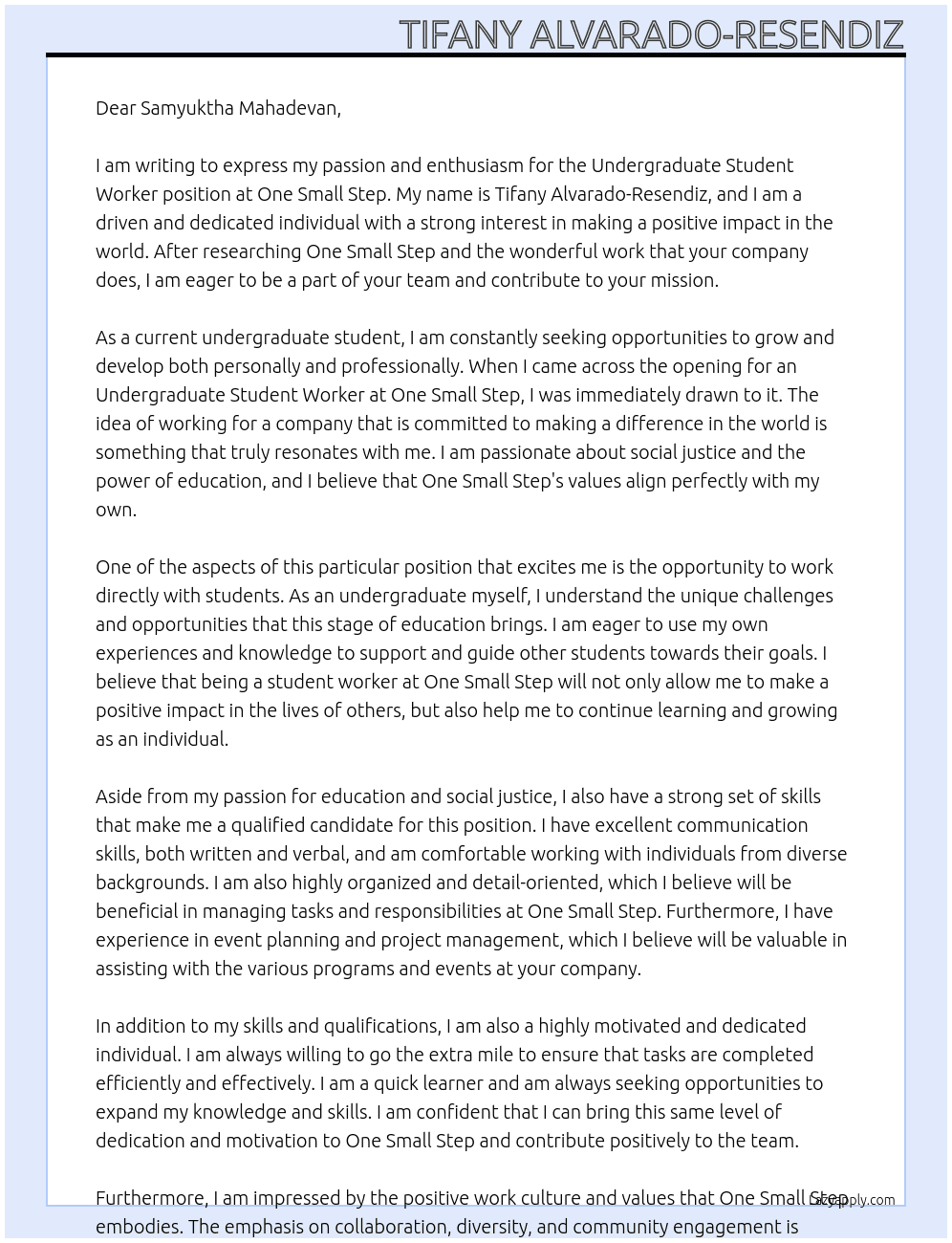 Undergrauate Student Worker At One Small Step Cover Letter