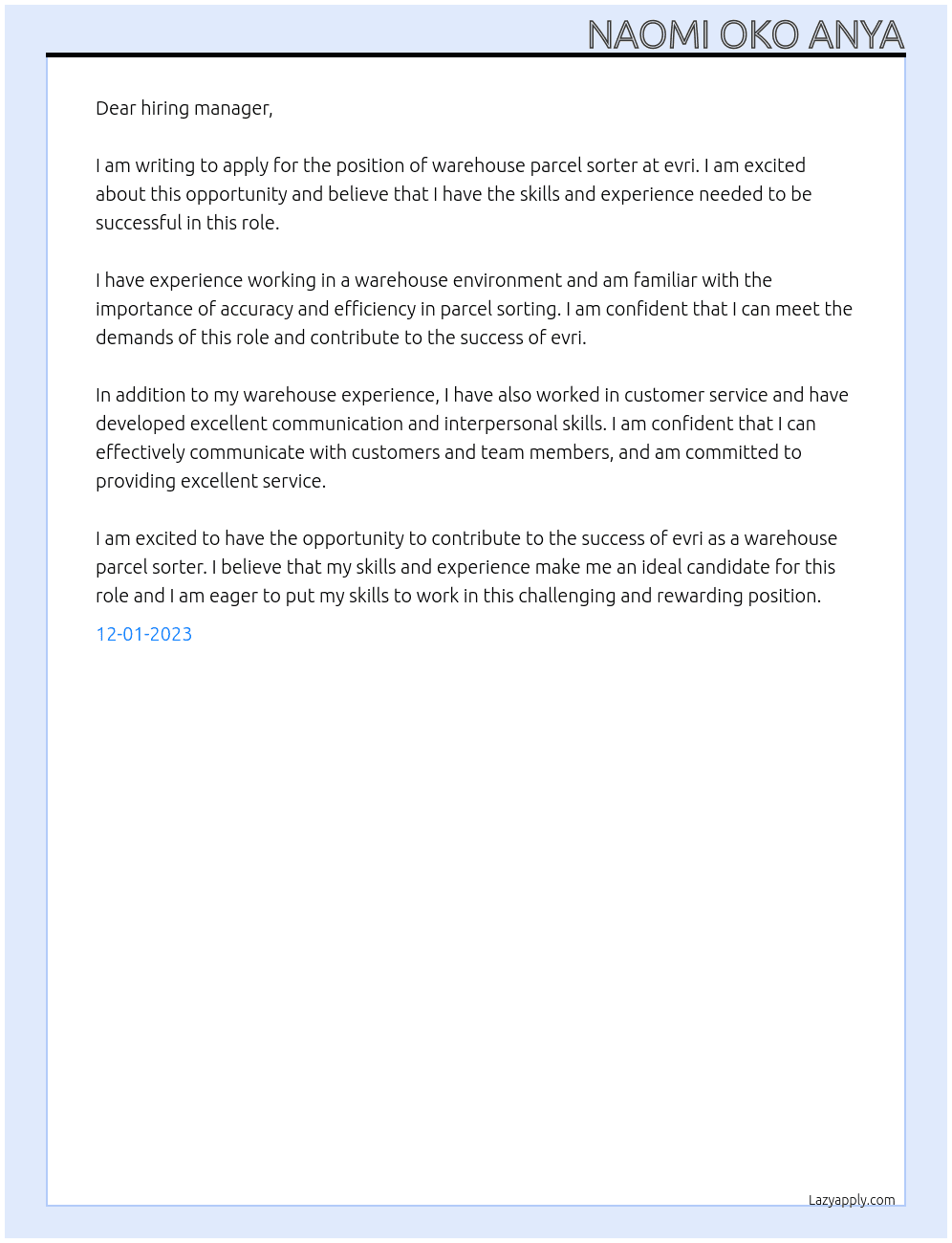 warehouse parcel sorter At evri Cover Letter