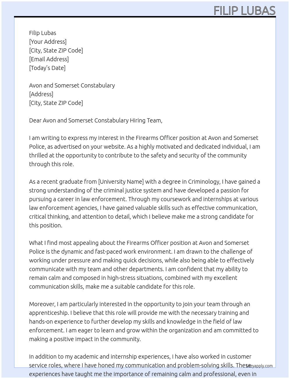 Firearms officer At Avon and Somerset police Cover Letter