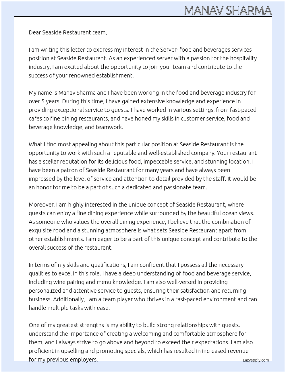 Server- food and beverages services At Seaside Restaurant Cover Letter