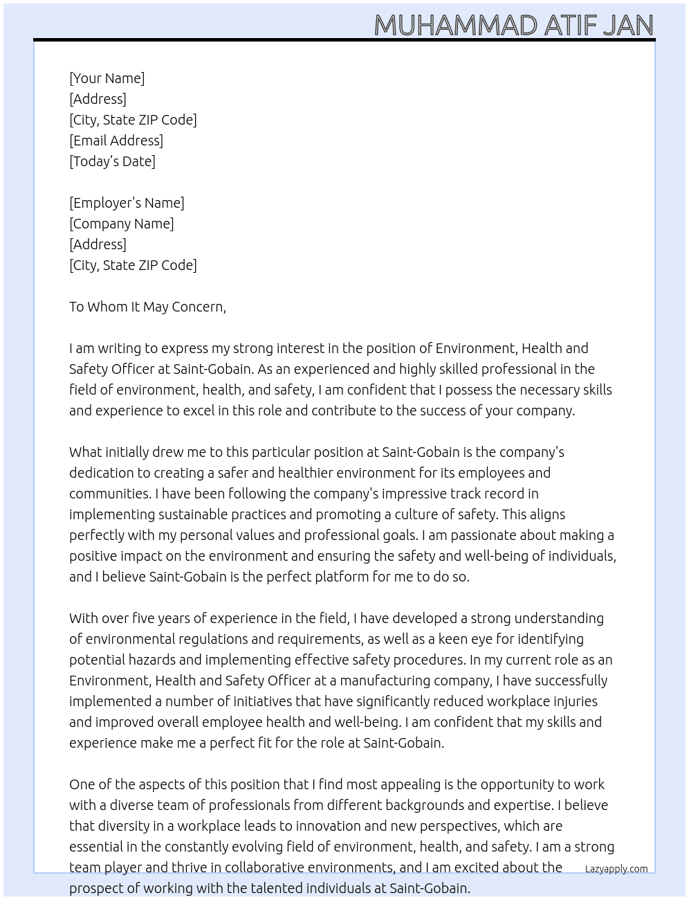 Environment, Health and Safety officer At Saint-Gobin Cover Letter