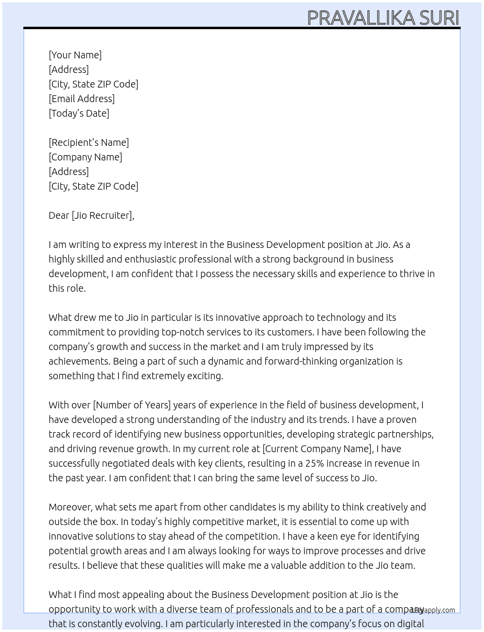 Business development  At Jio Cover Letter