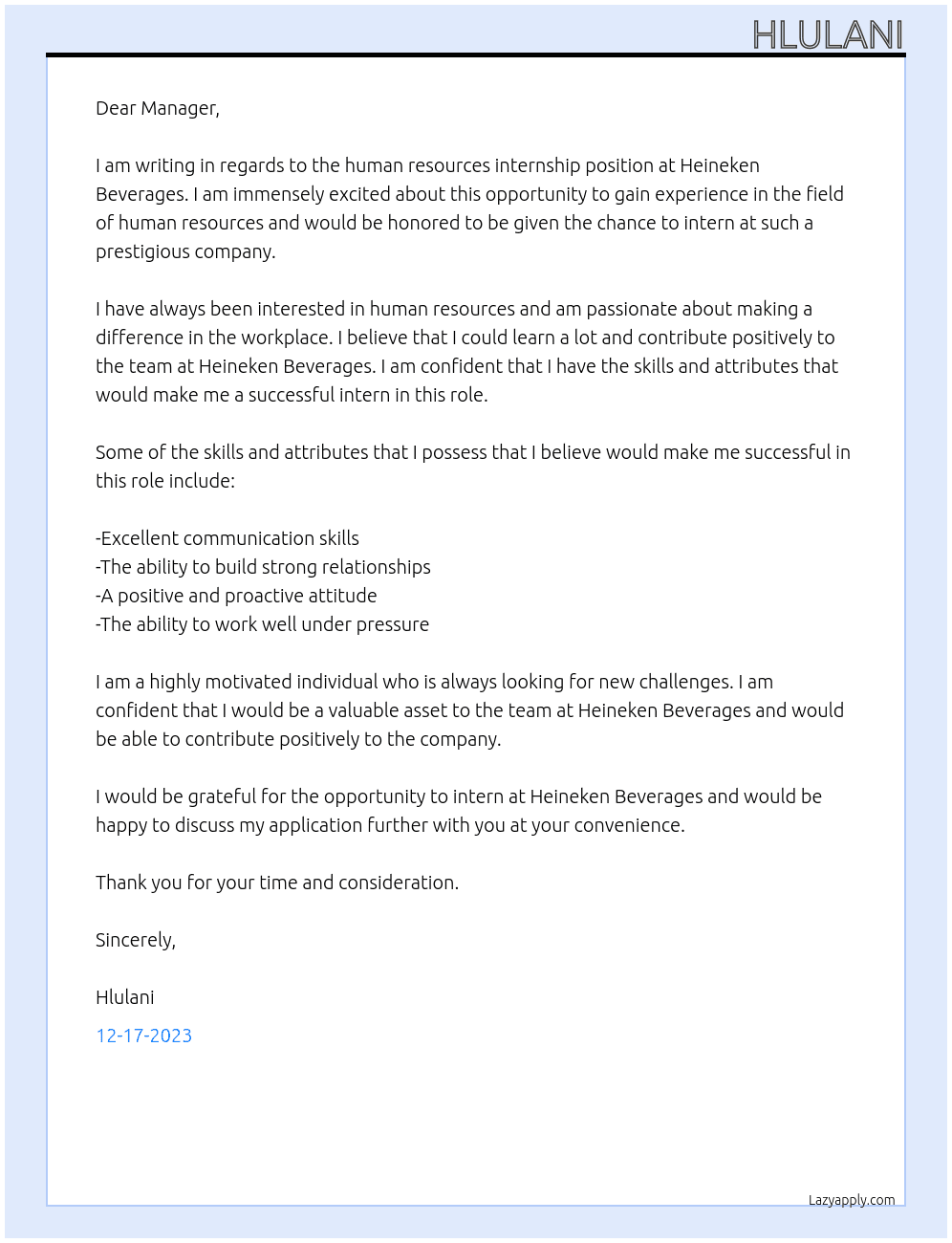human resources intership At heineken beverages Cover Letter