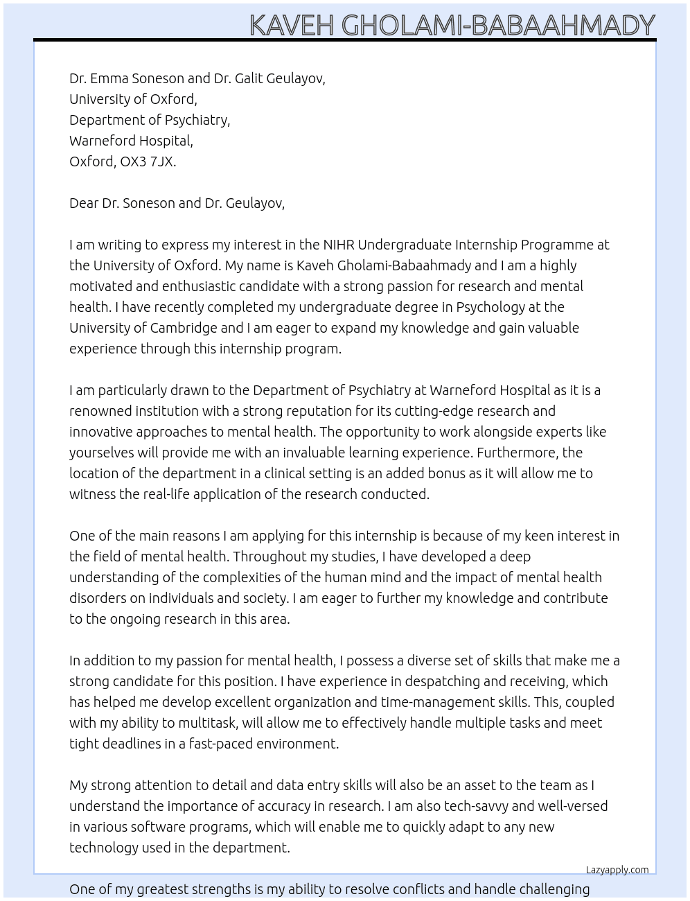 NIHR Undergraduate Internship Programme At University Of Oxford Cover Letter
