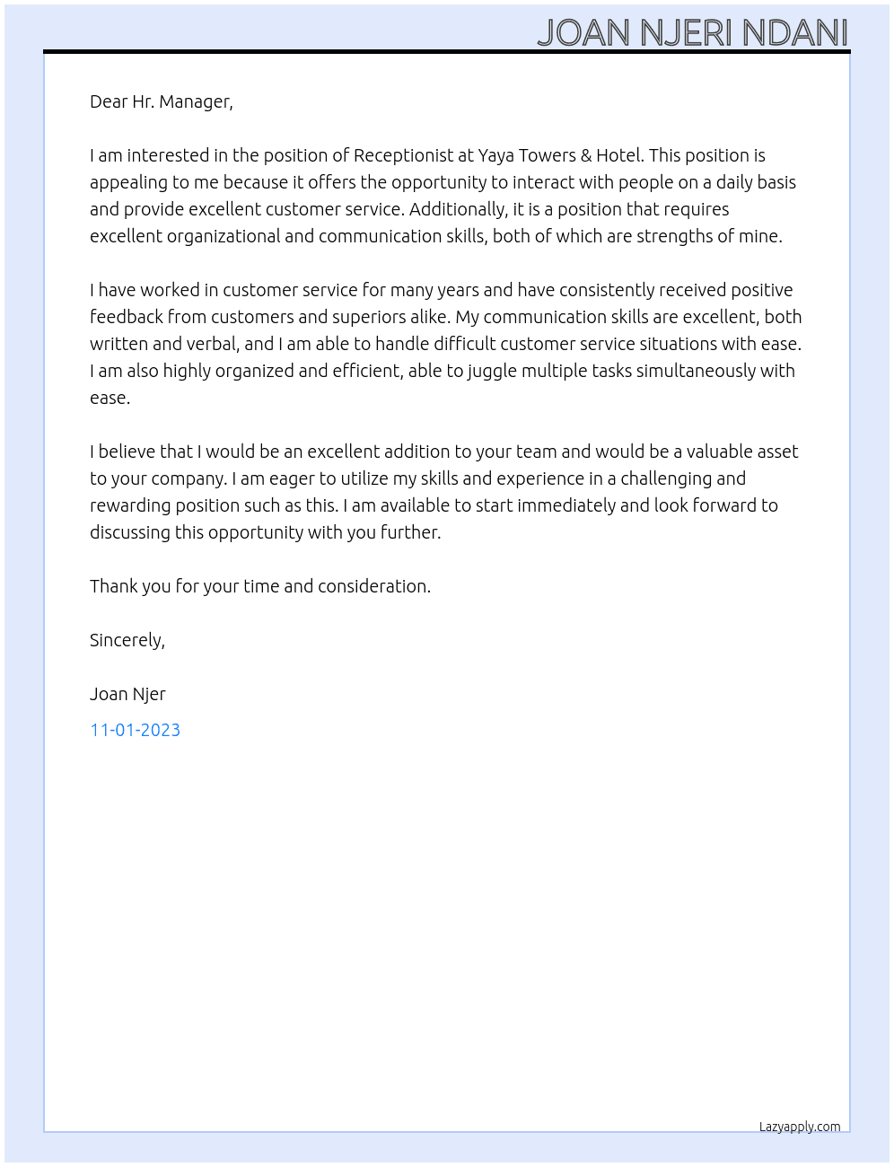 RECEPTIONIST At YAYA TOWERS & HOTEL Cover Letter