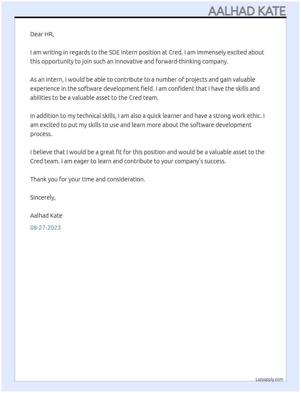 SDE Intern At cred Cover Letter