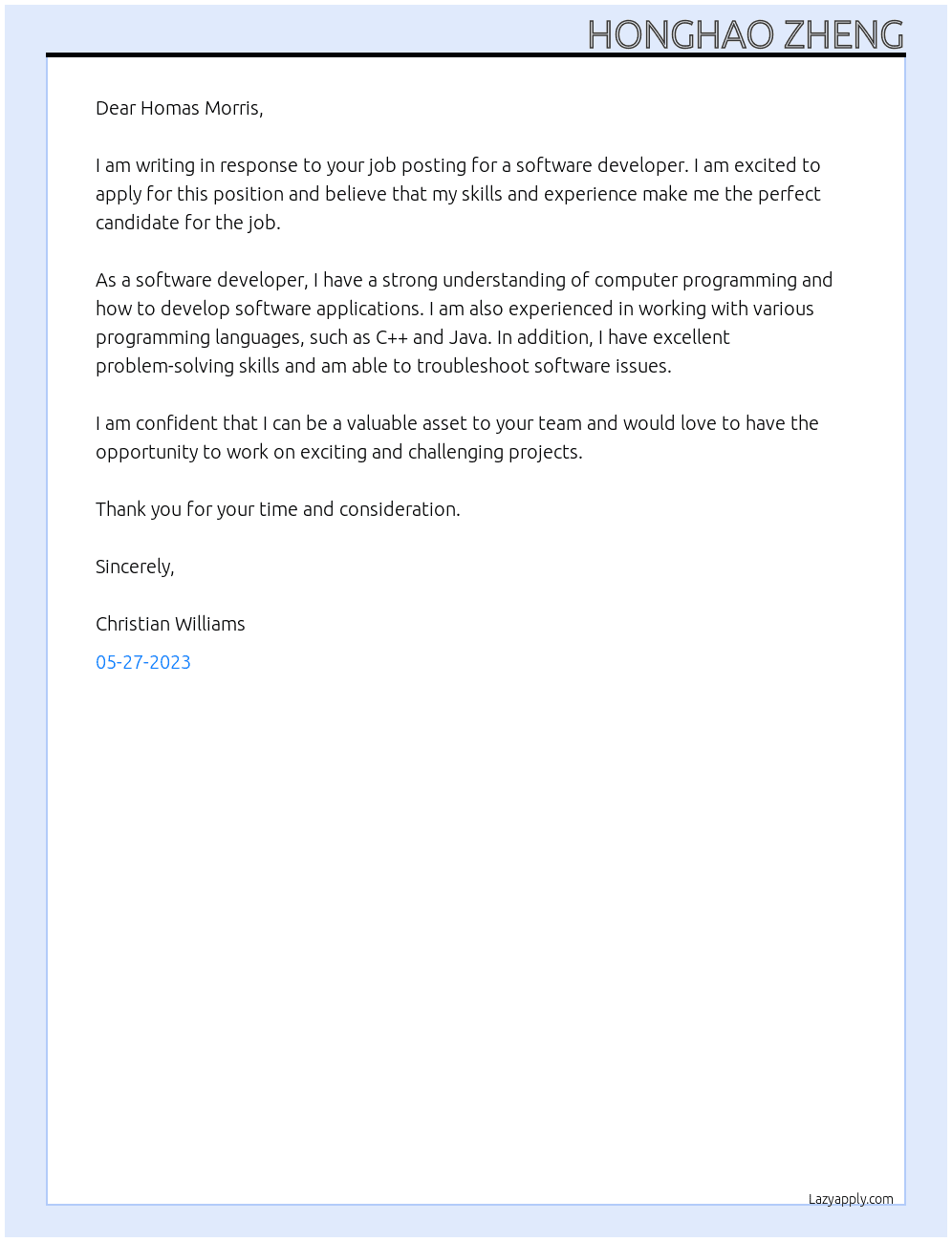 software developer At homas Morris Cover Letter