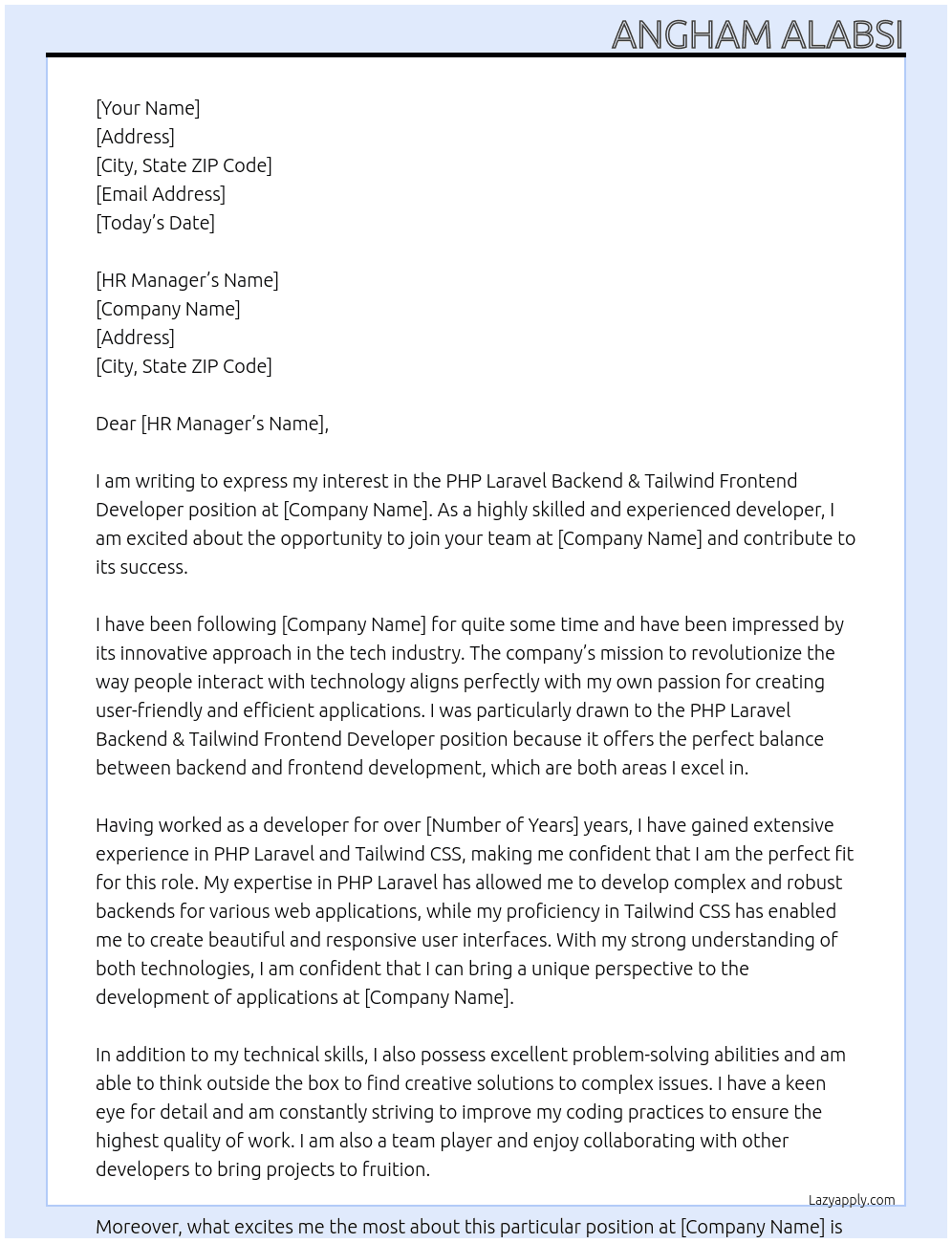 PHP Laravel Backend & Tailwind Frontend Developer At To Space Cover Letter