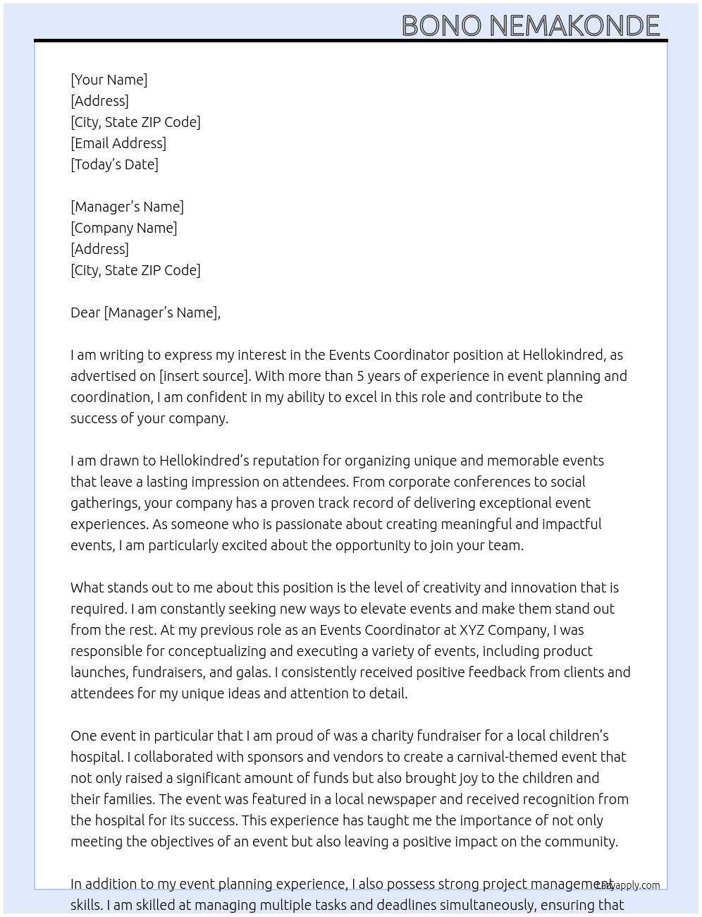 Events Coordinator  At Hellokindred Cover Letter