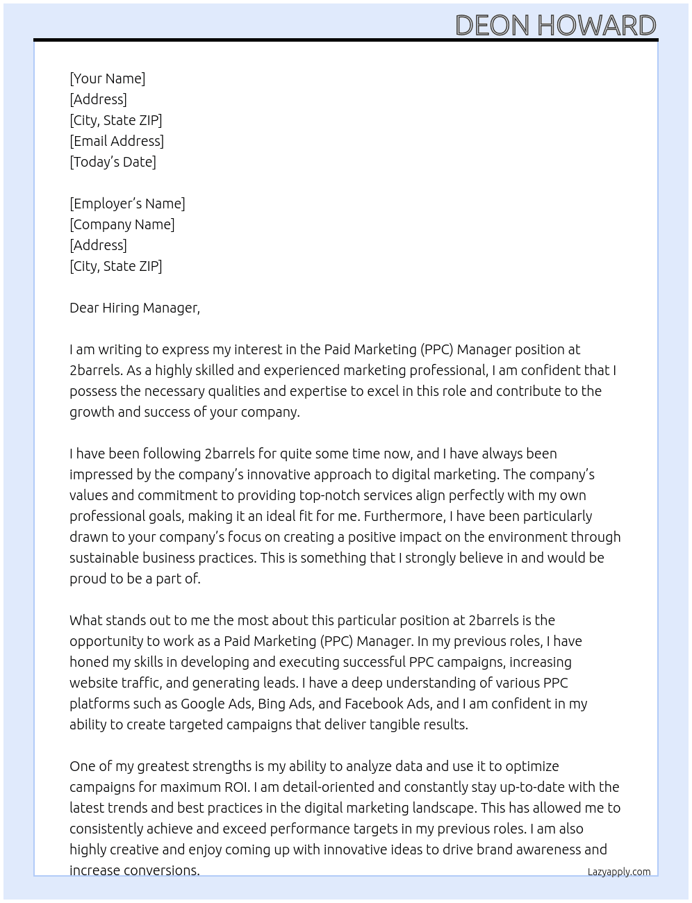Paid Marketing (PPC) Manger At 2barrels Cover Letter