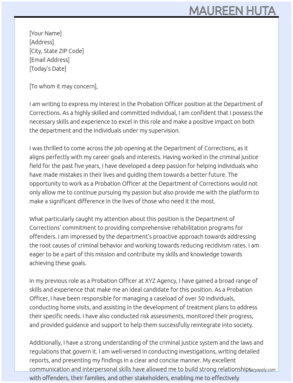 Probation Officer  At Department of Corrections  Cover Letter