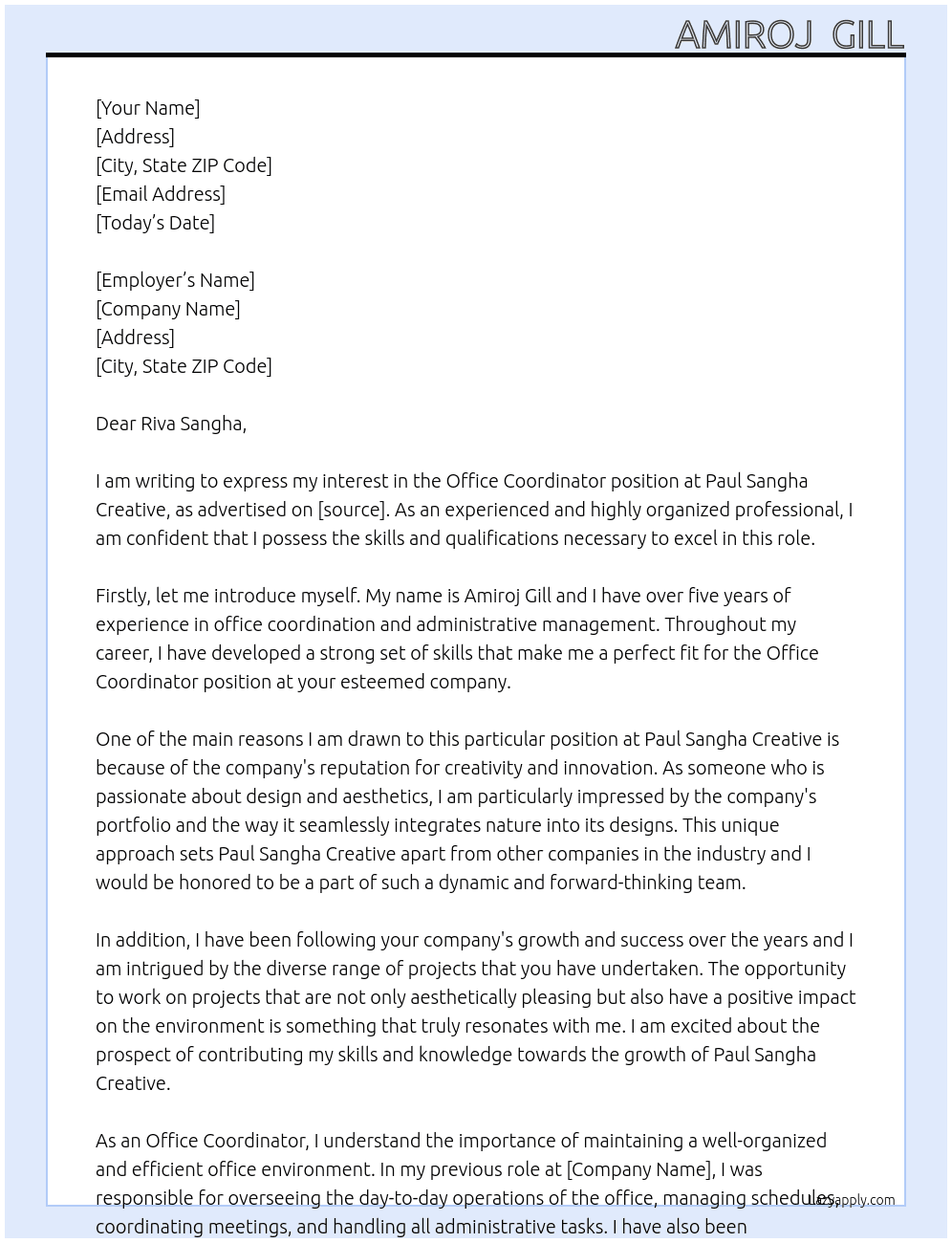 Office Coordinator At Paul Sangha Creative Cover Letter