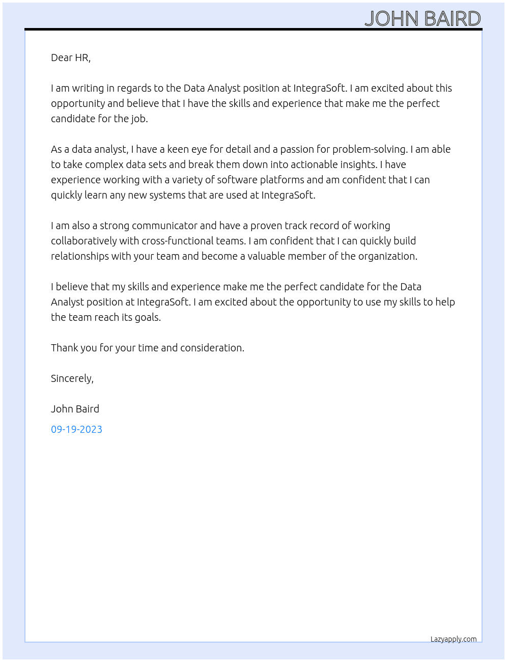 Data Analyst At IntegraSoft Cover Letter