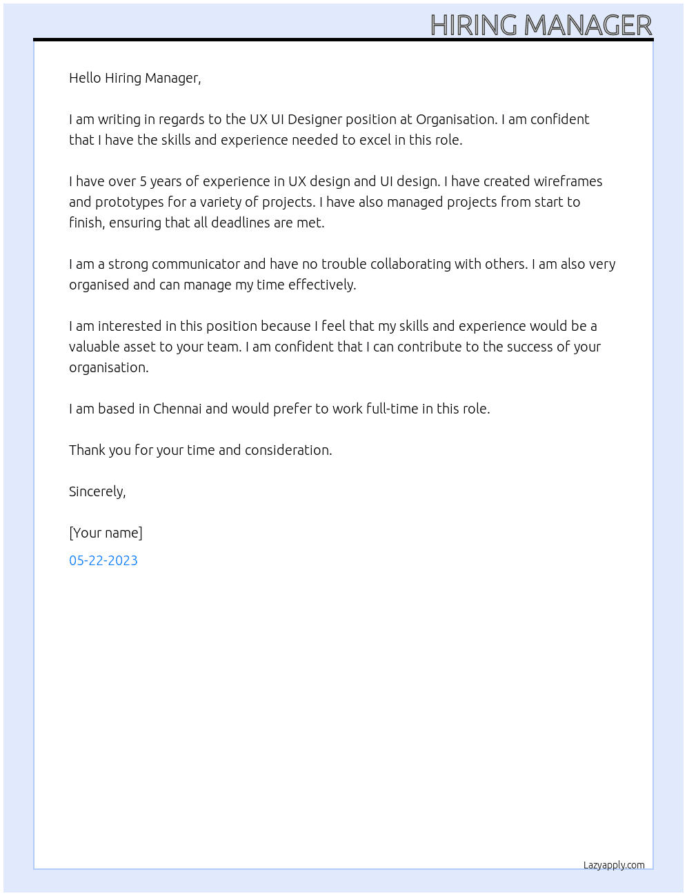 ux ui designer At organisation Cover Letter