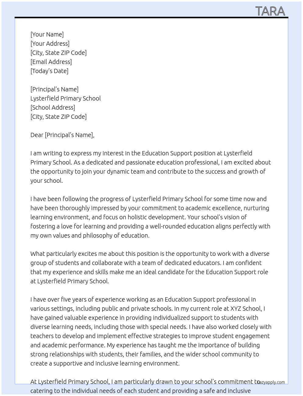 Education Support At Lysterfield Primary School Cover Letter
