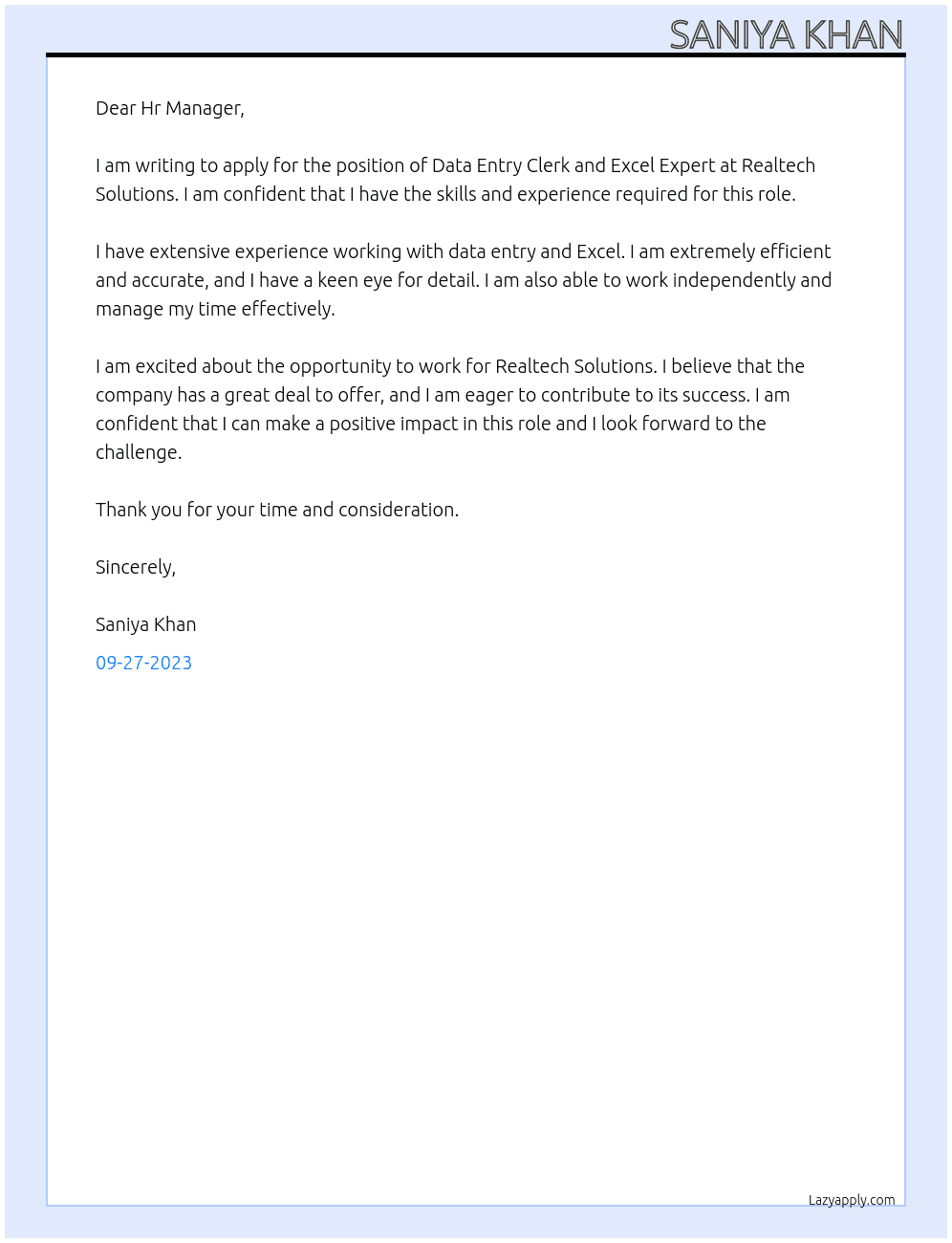 Data entry clerk and Excel expert At Realtech solutions  Cover Letter